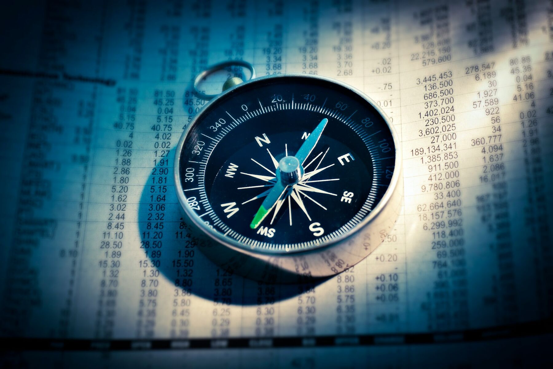 Brújula apoyada sobre páginas de indicadores financieros